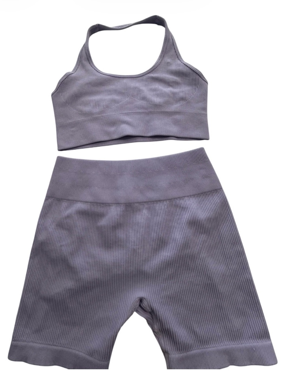 Seamless Ribbed Crop Sports Bra & High-Waist Bike Shorts Set - lilac